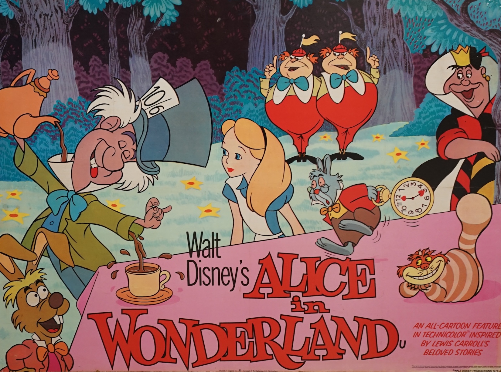 Five vintage Disney colour posters, including Alice in Wonderland, 1978, The Specimen and King Arthur 1979 and Robin Hood 1973, each approximately 74 x 98cm, unframed. Condition - fair, some discolouration and losses to